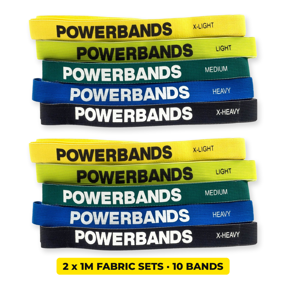 2 x 1M Fabric Resistance Band Sets, 10 bands: X-Light, Light, Medium, Heavy, X-Heavy